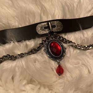 Hot Topic Victorian Black Red Ruby Gemstone Choker Necklace Gray Chains